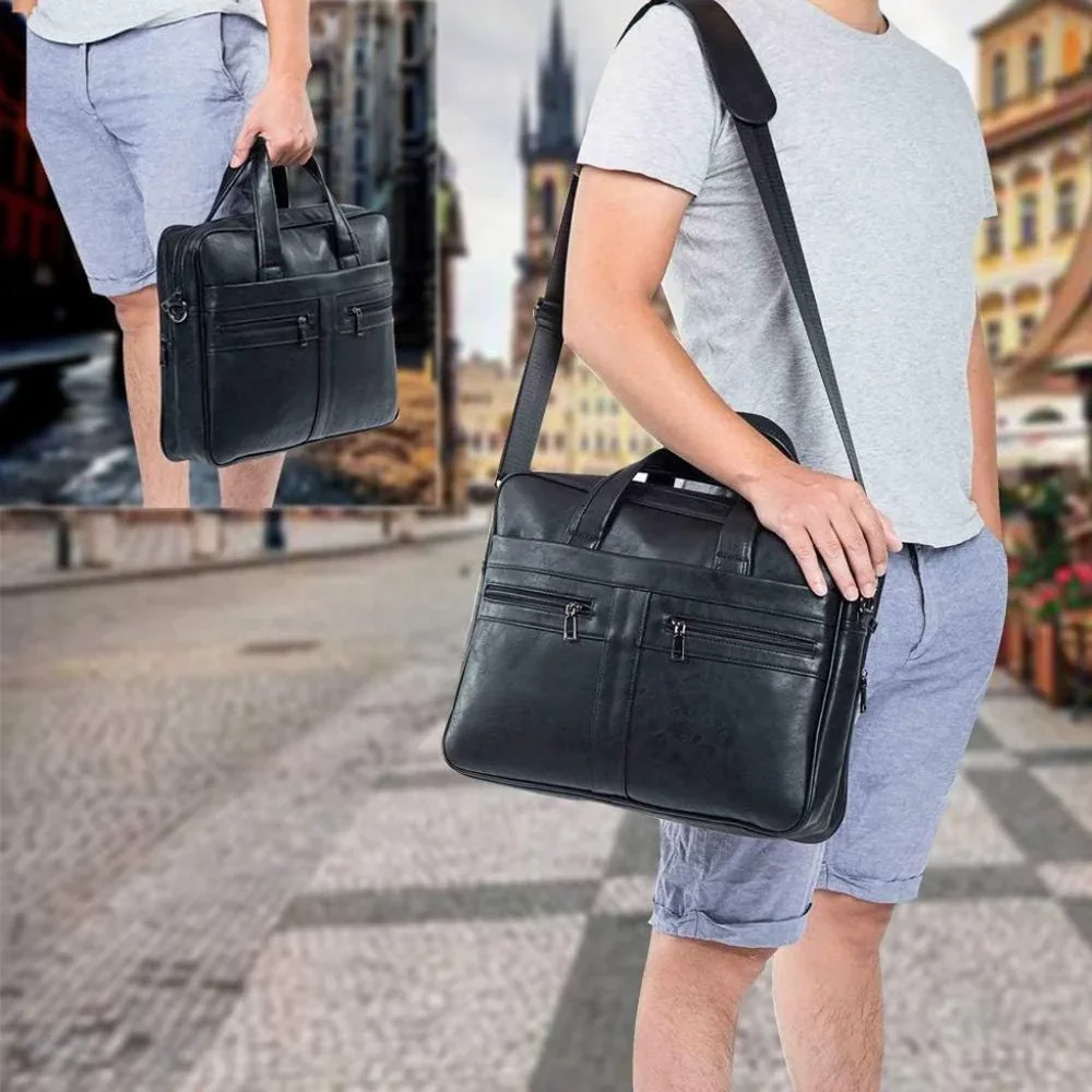 Men's Black Leather Messenger and Laptop bag 15.6 inch